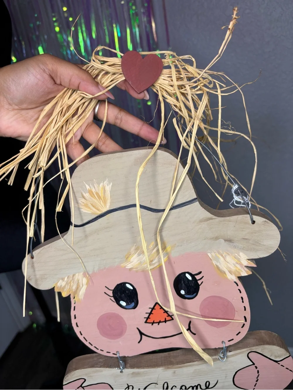 Welcome Scarecrow Hanging Wreath Heart & Raffia Straw Detail W/ Wire Hanger